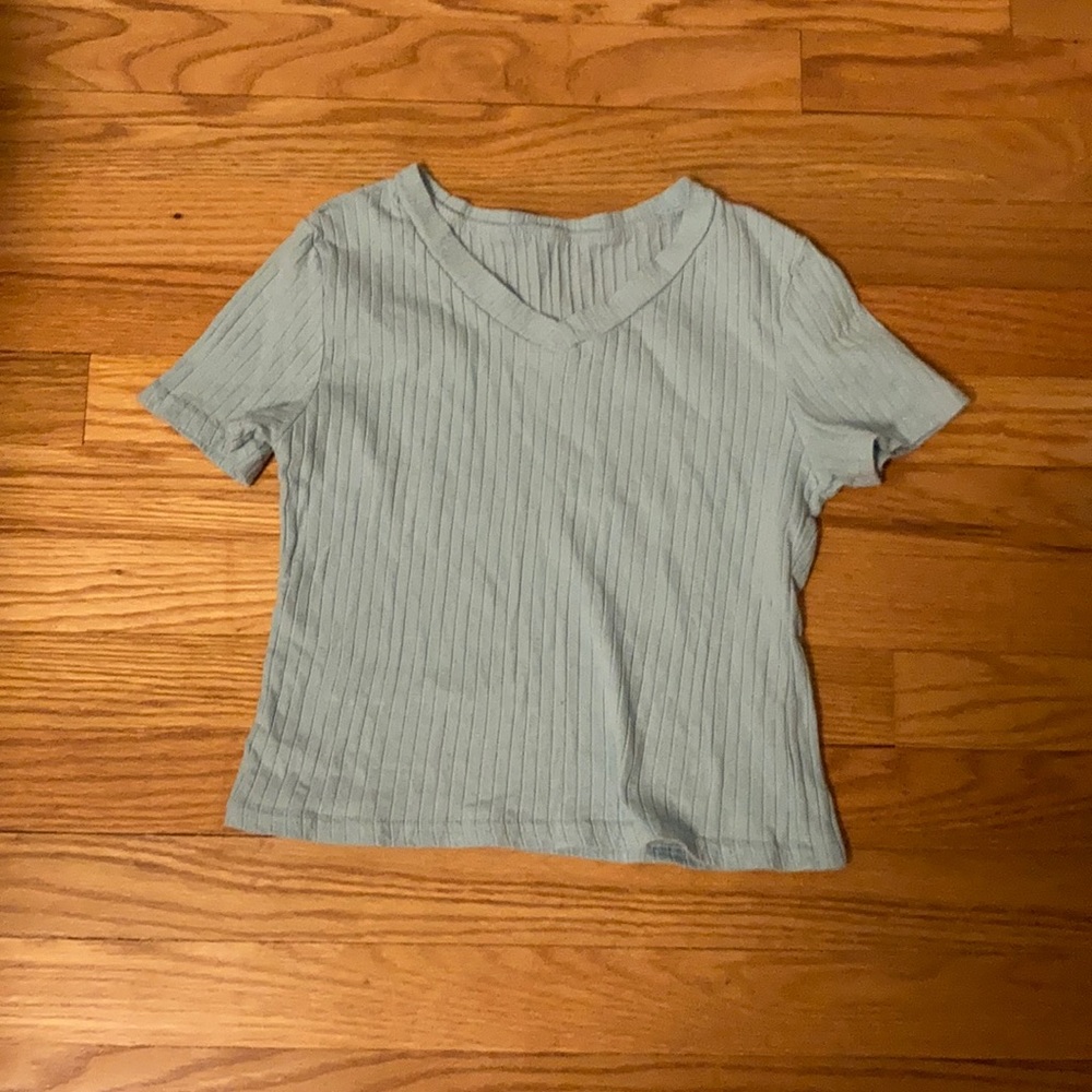 blue striped v neck short sleeved top